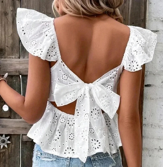. Tops - Embroidery Tie Backless Butterfly Sleeve Peplum Blouses